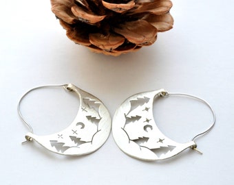 Silver forest earrings Wilderness jewelry Outdoors gift Pine tree Mountain wedding Gift for hiker Nature woodland silversmith earrings