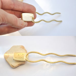 White mother-of-pearl hair stick Gold brass hair fork Double sided hairpin Starburst hair fork for thick hair Hair accessory for long hair