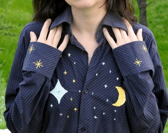 Hand embroidered button down shirt Unique moon and stars shirt OOAK