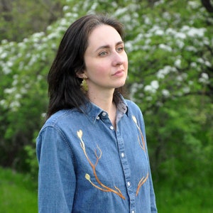 Hand embroidered button down denim shirt Unique OOAK Hand embroidered forest and twigs