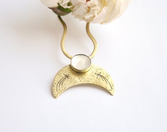 Moon hair stick with falling stars Brass lunar hair fork for thick hair with mother of pearl