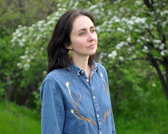 Hand embroidered button down denim shirt Unique OOAK Hand embroidered forest and twigs