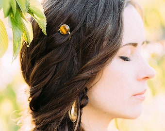 Tiger eye hair stick Gold brass gemstone hair pin Modern boho bun holder