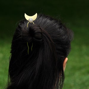 Crescent moon bun holder with white quartz Whimsigoth hairpin Brass gold hair fork for thick hair Half moon hair stick image 2