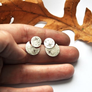 Moon and stars silver ear jacket earrings Space celestial galaxy front back studs Two side earrings Whimsigoth Textured silver Silversmith image 8