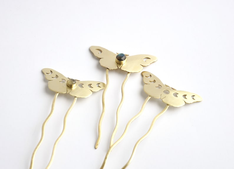 Moth hair pin with moon phases and yellow chalcedony Celestial hair fork Brass moon moth hair pin Witchy hair accessory Lunar jewelry