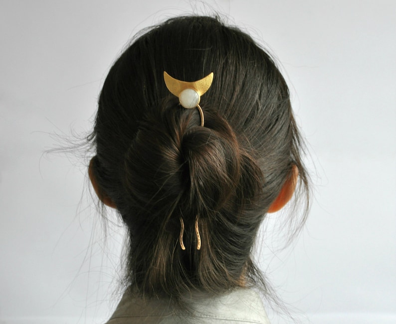 Crescent moon bun holder with white quartz Whimsigoth hairpin Brass gold hair fork for thick hair Half moon hair stick image 4