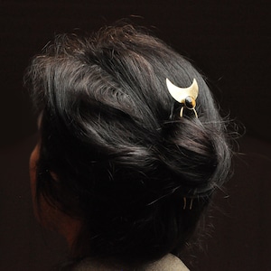 Tiger eye hair fork for thick hair Crescent moon Unique Bold brass hair stick Celestial bohemian hair accessory Dark academia hair pin image 5