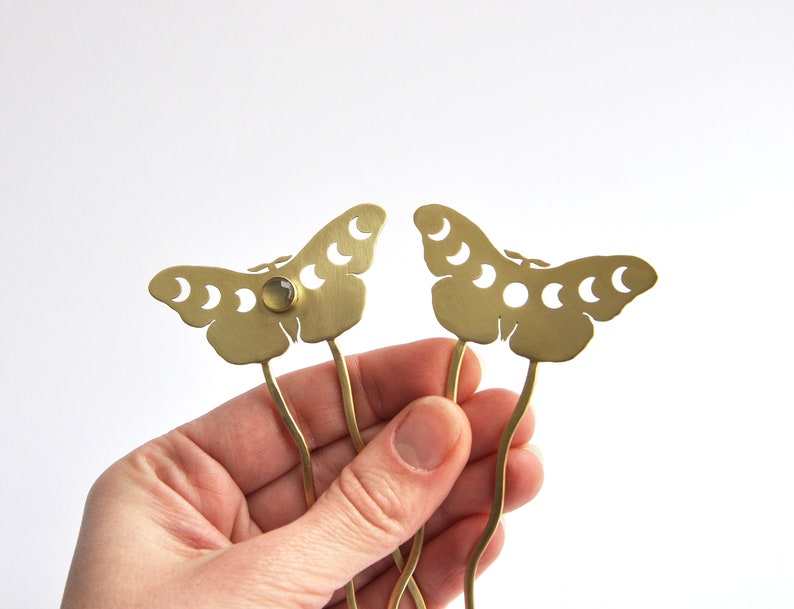 Moth hair pin with moon phases and yellow chalcedony Celestial hair fork Brass moon moth hair pin Witchy hair accessory Lunar jewelry