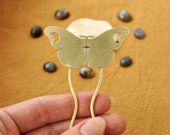 Magic moth hair pin with moon and star Modern witch hair accessory Forest goddess Hair fork for thick hair Brass insect