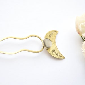 Handmade mother of pearl hair fork for thick hair Crescent moon and falling stars hair pin Hair stick image 7