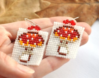 Fly agaric mushroom beaded earrings Red dangle seed bead earrings Handmade goblincore amanita earrings