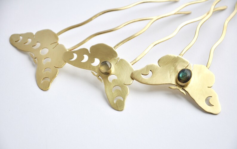 Moth hair pin with moon phases and yellow chalcedony Celestial hair fork Brass moon moth hair pin Witchy hair accessory Lunar jewelry