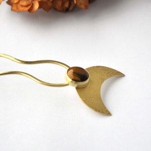 Tiger eye hair fork for thick hair Crescent moon Unique Bold brass hair stick Celestial bohemian hair accessory Dark academia hair pin image 7