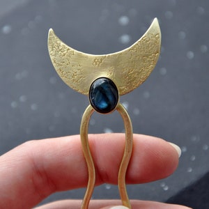 Crescent moon hair stick with natural labradorite Celestial rustic hair fork for thick hair Brass gold hair pin