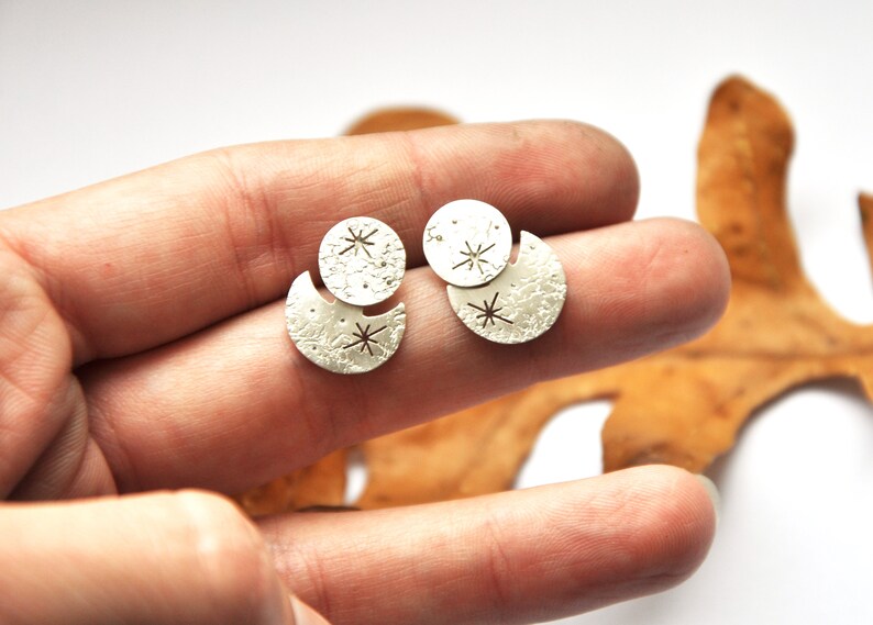 Moon and stars silver ear jacket earrings Space celestial galaxy front back studs Two side earrings Whimsigoth Textured silver Silversmith image 9