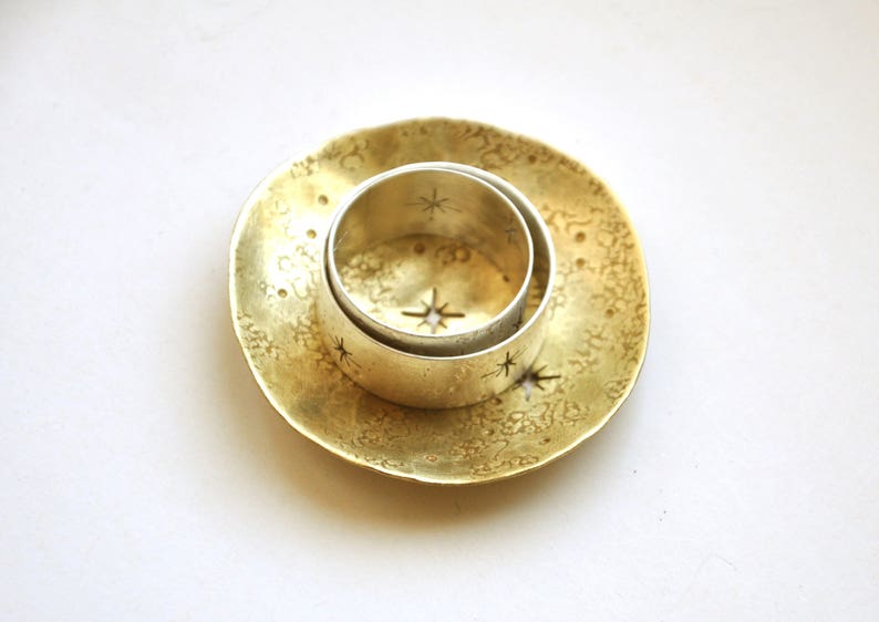 Stars and constellation ring dish Whimsigoth room decor Celestial jewelry holder Witchy things Catchall Gold brass tray Bedroom accessory Small - 1.8 inches