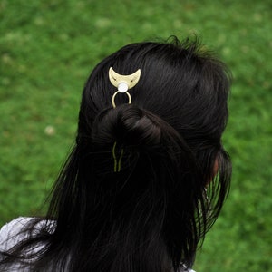 Handmade mother of pearl hair fork for thick hair Crescent moon and falling stars hair pin Hair stick image 5