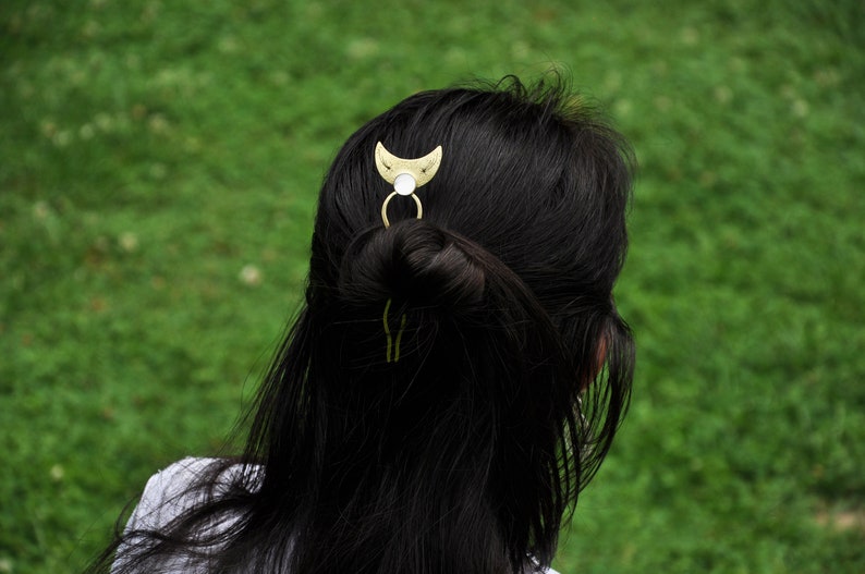Handmade mother of pearl hair fork for thick hair Crescent moon and falling stars hair pin Hair stick image 5