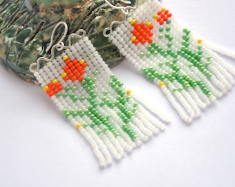 Handmade organic silver beaded flower earrings Bohemian seed bead Handwoven jewelry White, green, orange earrings