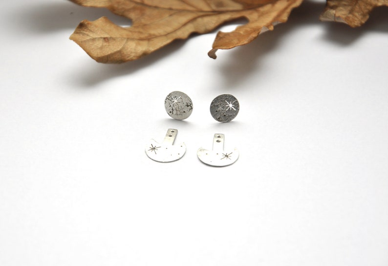 Moon and stars silver ear jacket earrings Space celestial galaxy front back studs Two side earrings Whimsigoth Textured silver Silversmith image 10