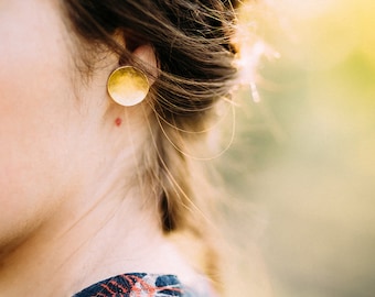 Circle and oval dome stud earrings from brass Casual minimalist jewelry Hammered studs Valentine's Day