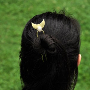 Crescent moon bun holder with white quartz Whimsigoth hairpin Brass gold hair fork for thick hair Half moon hair stick image 8