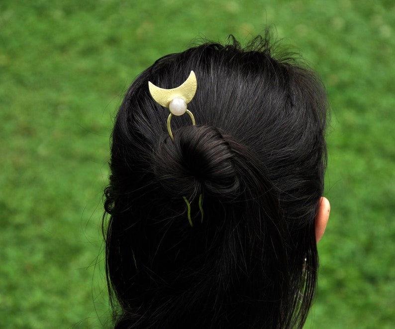 Crescent moon bun holder with white quartz Whimsigoth hairpin Brass gold hair fork for thick hair Half moon hair stick image 8