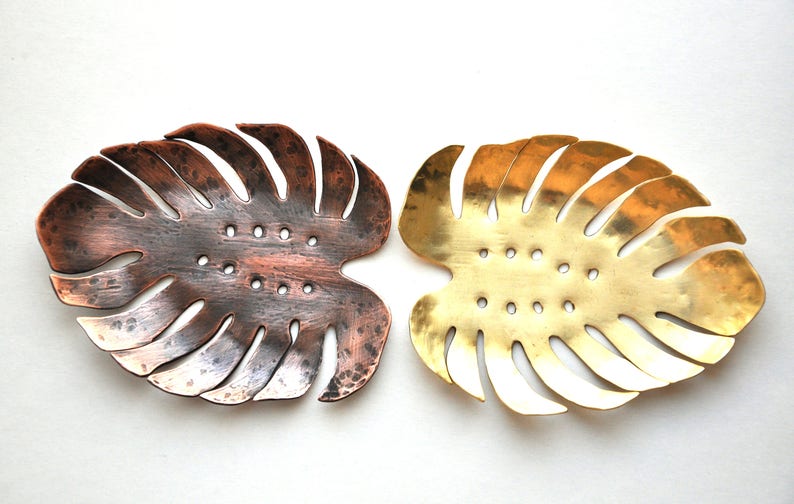 Monstera leaf ring dish from copper or brass 7th anniversary Tropical wedding holder Aesthetic room decor Vanity tray Key dish image 8