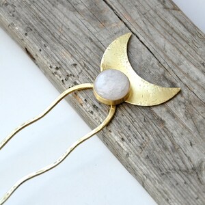 Crescent moon bun holder with white quartz Whimsigoth hairpin Brass gold hair fork for thick hair Half moon hair stick image 7