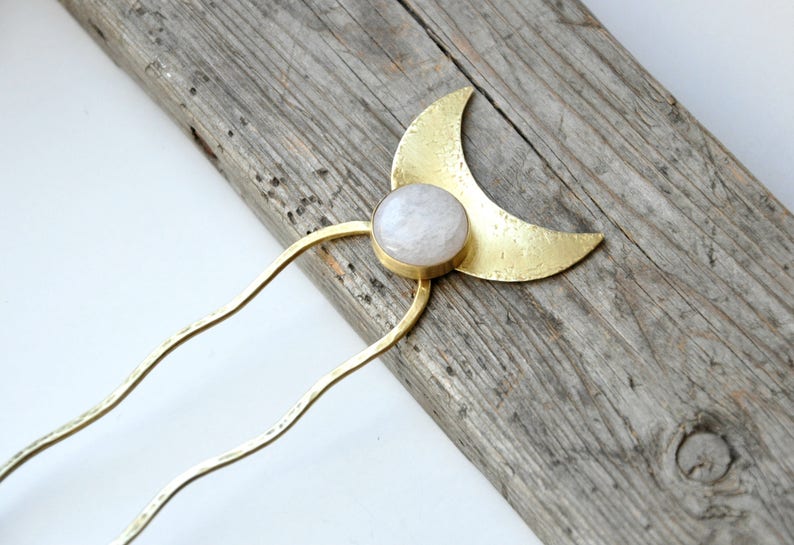 Crescent moon bun holder with white quartz Whimsigoth hairpin Brass gold hair fork for thick hair Half moon hair stick image 7