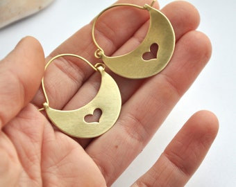 Moon and Heart earrings Gold brass Cute small mini hoop earrings Coquette jewelry Handmade