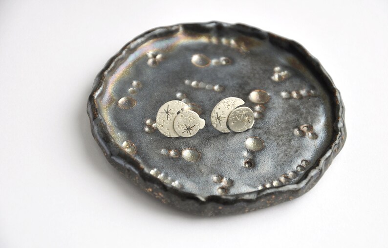 Moon and stars silver ear jacket earrings Space celestial galaxy front back studs Two side earrings Whimsigoth Textured silver Silversmith image 5