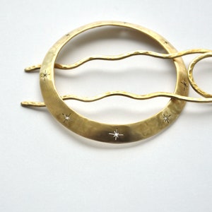 Celestial stars hair slide with stick Brass gold circle hair barrette for thick hair Unique Handmade hair cuff Space bun holder