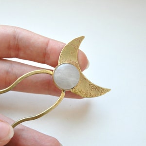 Crescent moon bun holder with white quartz Whimsigoth hairpin Brass gold hair fork for thick hair Half moon hair stick image 6