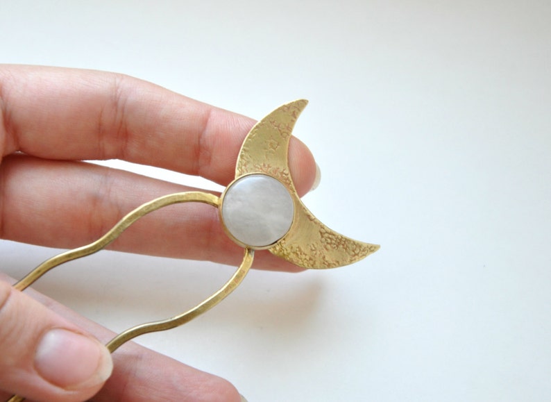 Crescent moon bun holder with white quartz Whimsigoth hairpin Brass gold hair fork for thick hair Half moon hair stick image 6