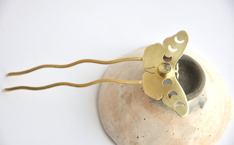 Moth hair pin with moon phases and yellow chalcedony Celestial hair fork Brass moon moth hair pin Witchy hair accessory Lunar jewelry