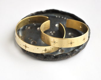 Celestial stars cuff bracelet Witchy things Bold brass gold bangle Adjustable space bracelet Witchcore gifts Magic ethereal jewelry Handmade