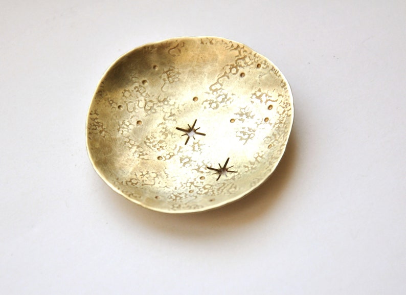 Stars and constellation ring dish Whimsigoth room decor Celestial jewelry holder Witchy things Catchall Gold brass tray Bedroom accessory image 1