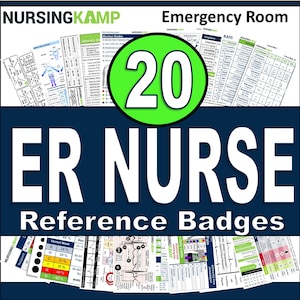 May include: A set of 20 printable reference badges for emergency room nurses. The badges feature various medical charts and diagrams, including a venturi mask chart, a pain assessment chart, and a RASS scale. The badges are designed to help nurses quickly and easily access important information.