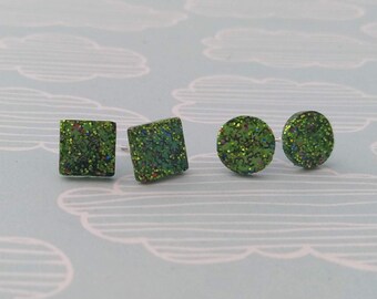 Green glitter resin small stud earrings - tiny statement earrings on stainless steel poles - one of a kind handmade jewellery