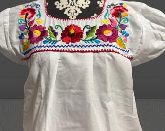 Mexican Embroidered Blouse – White with Colorful Floral Design