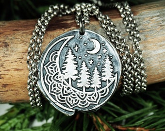 Collier pendentif forêt nuit lune argent sterling, 40126