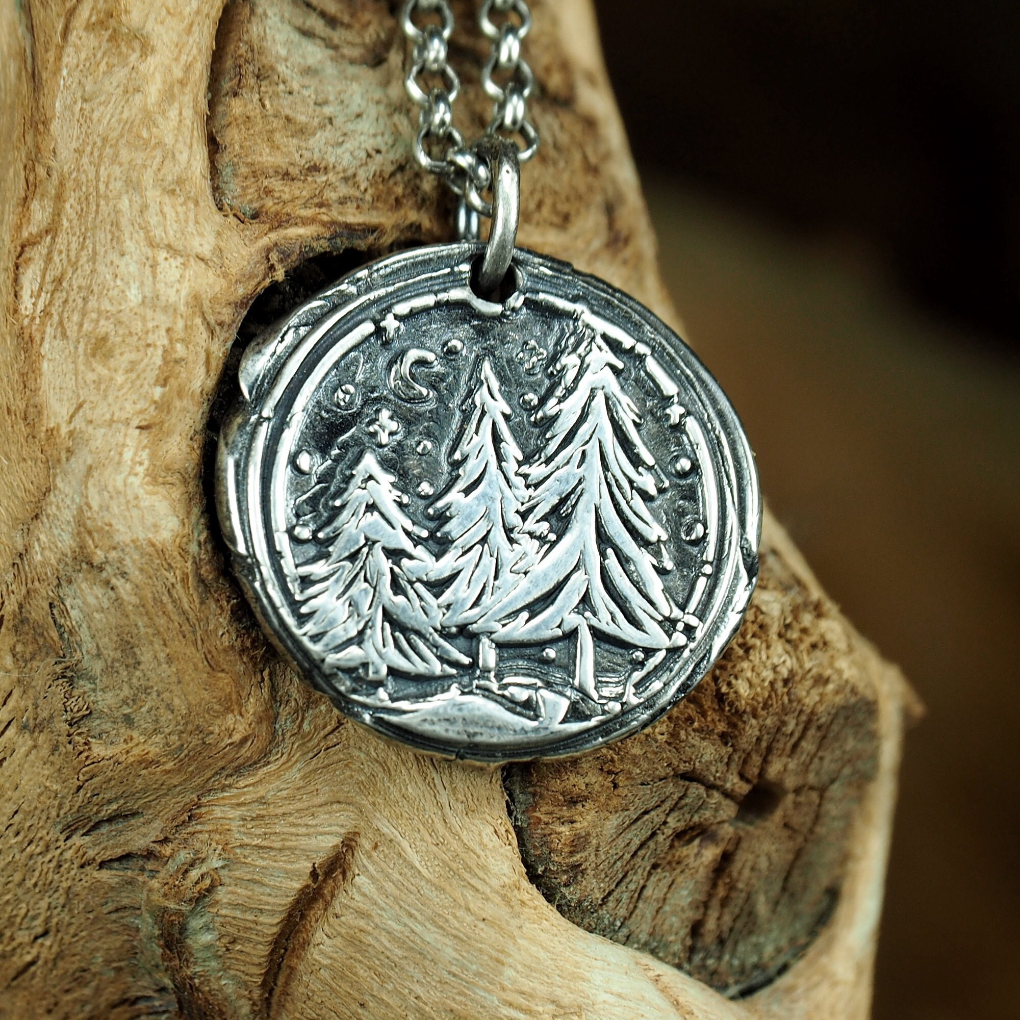★MIDNIGHT MOMENT.★ forest necklace Night Forest Fir Starry Sky Pendant Necklace Sterling Silver