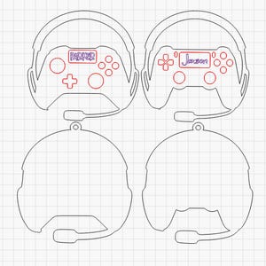 May include: Outlined gaming-themed ornaments. Two feature a controller design with the names "Parker" and "Jason" in a rectangular box. The other two ornaments are shaped like a headset. All are designed with a small hole for hanging.