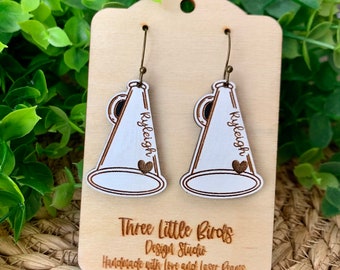 Personalized Cheer MegaPhone Earrings / Engraved Wooden Earrings / School Spirit / Cheer / Cheerleader / Cheer Mom / MegaPhone / HandPainted