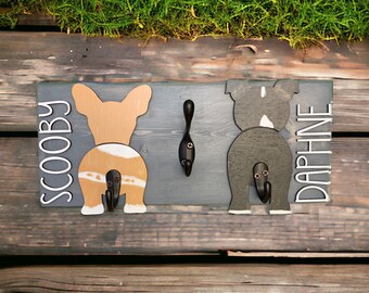 Custom Two Dog Leash Holder: Wooden Pet Collar Hanger