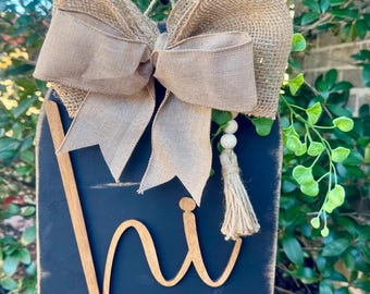 Boho Arch Hi Door Hanger / Floral / Beads / Bow / Front Door / Wall Decor / Hi / Boho / Arch Shape / Black / Brown / Door Hanger / Handmade