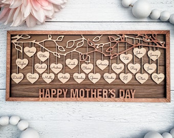 Mother's Day / Personalized Wooden Family Tree Sign / Grandkids Names Sign / Hanging Hearts / Custom Wedding Gift / Best Mom / Family / Gift