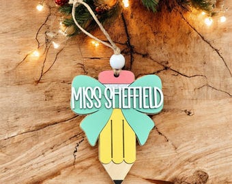 Personalized Teacher Christmas Ornament: Pencil with Bow